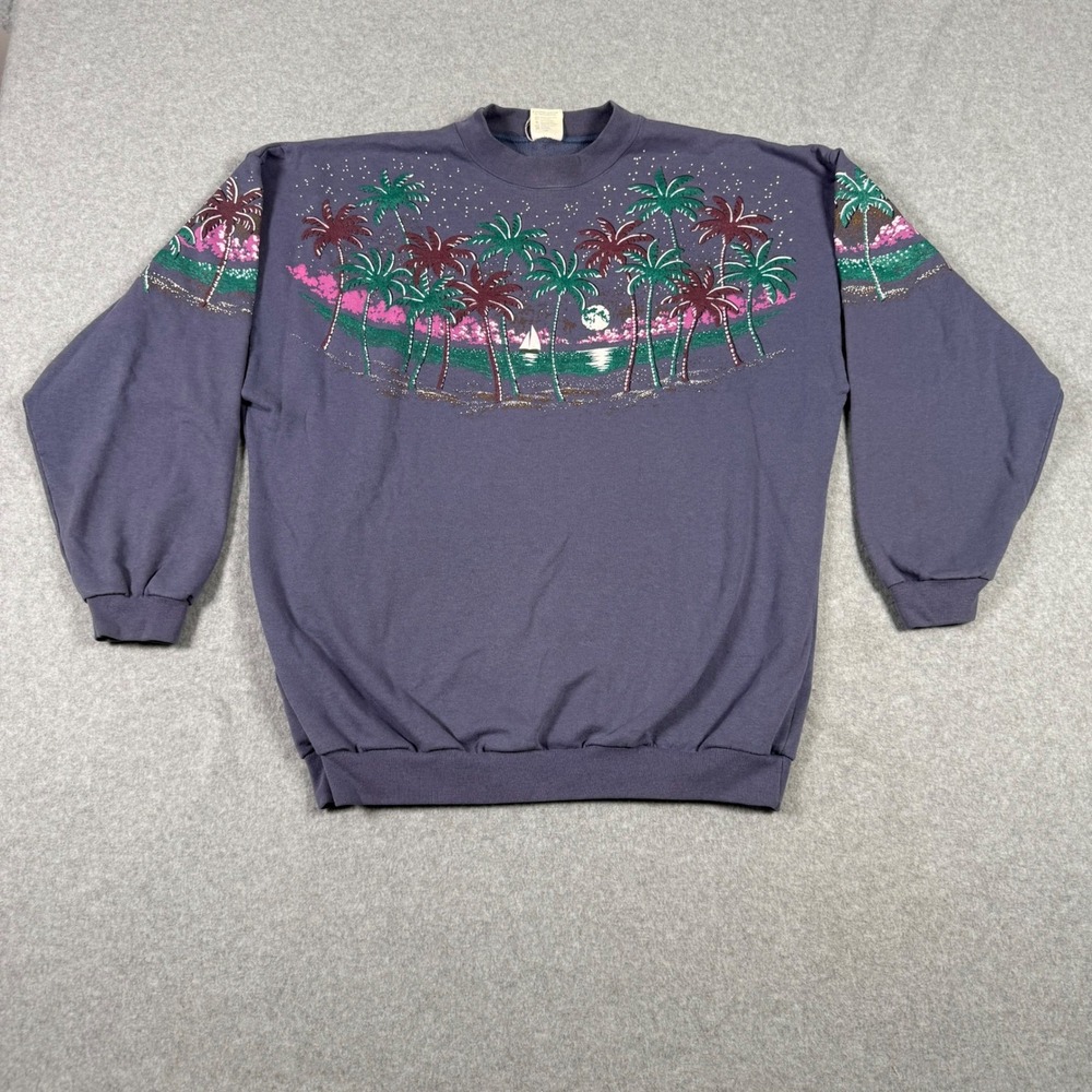 Vintage 90s Lifestyles Palm Tree Puff Print Sweatshirt Womens L/XL Blue USA Made